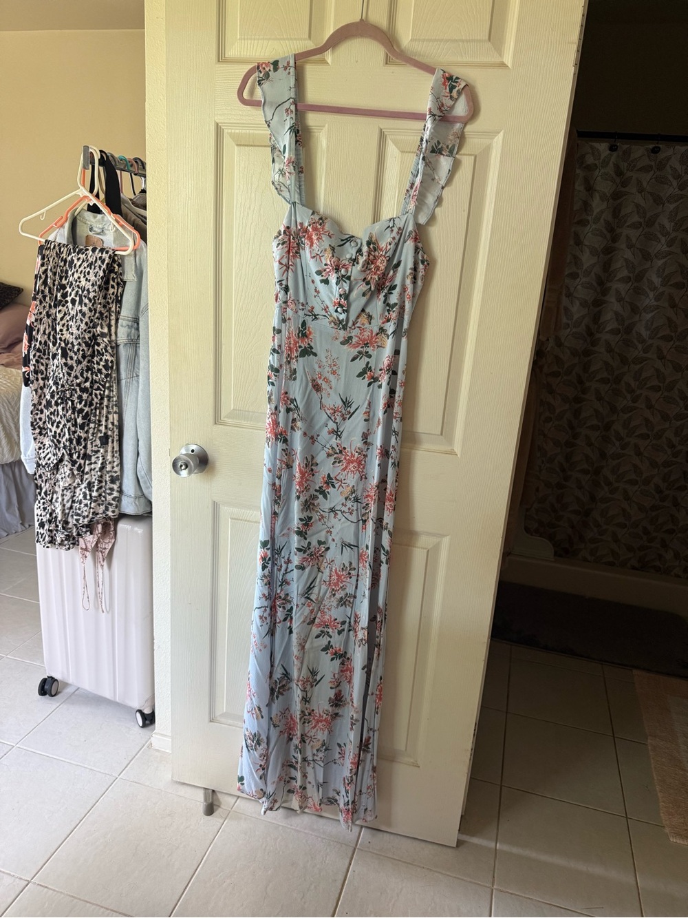 Flynn Skye Pale Blue Floral Ruffle-Strap Maxi Dress